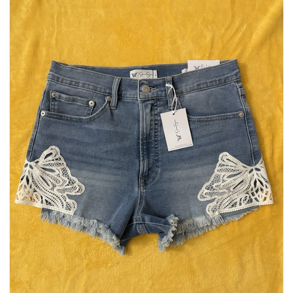 Jessica Simpson Short Women High Rise Denim Light Wash Lace Butterfly Size 6 NWT
